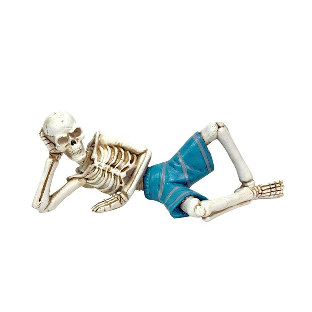 Reclining Skeleton Beach Figurine Aqua Resin Tabletop Decor 9 Inches Wide